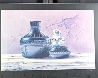 Signed Manuel S. Franco Offset Lithograph of an Original Watercolor w/ San Ildefanso Pottery and Kachina 