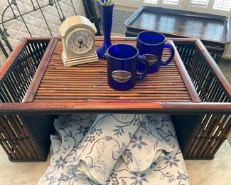 Bed tray; USS Ronald Reagan cobalt blue mugs
