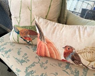  Decorative pillows; Asian style fabric on bench