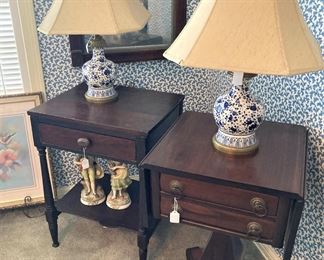 Two vintage side tables; blue & white lamps
