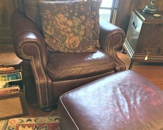 Brown leather chair and ottoman