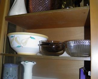 pink depression glass pitcher & signed blue pottery vase