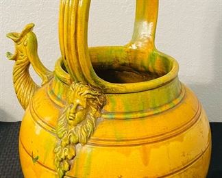 46	$250 	Huge 
Italian pottery yellow/green glazed wine urn with bacchus	