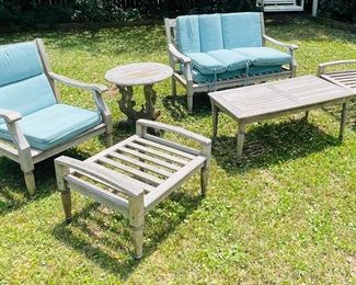 78	- $595 - Outdoor teak set, Bench, coffee tablem 1 armchair, 2 ottoman & 1 side table 