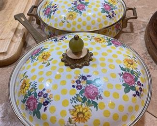 $195 MacKenzie Childs set of 2 cooking pots with floral design 