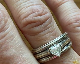 $850 - 14kt white gold trio band all attached with heart diamond 1/2 carat - Sz 6.5 (client purchased for over $2,400 a few years back)