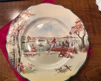 Royal Doulton China Fox-Hunting pattern -D5104-  Produced in 1920's dinnerware set :6 dinner plates, 12 soup and dessert plates, 12 coffee cups and saucers + 9 demi tasses - 