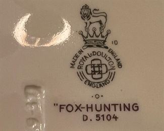Royal Doulton China Fox-Hunting pattern dinnerware set :6 dinner plates, 12 soup and dessert plates, 12 coffee cups and saucers + 9 demi tasses - 