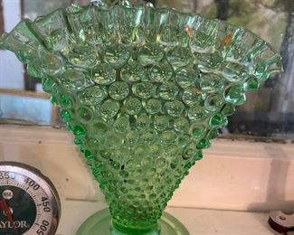Antique Fenton Green glass fan vase 