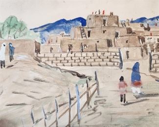 Watercolor painting entitled "Taos Pueblo" by listed Taos artist Juanita Lucero (1895-1967). 5 1/2" x 8 1/2" image size. 
Juanita Lucero was one of very few women artists from Taos Pueblo, and one of the first resident artists there. In 1924, she modeled for the artist Catherine Carter Critcher (1868-1964) for her painting entitled "Juanita Lucero and Her Children".