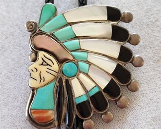 Raymond Quam Zuni Inlaid Chief Head Bolo Tie