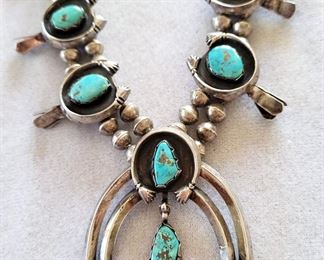 Navajo turquoise and silver squash blossom necklace