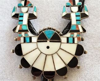 Vintage Zuni Inlaid Turquoise Coral Mother of Pearl Sunface & War Twins Kachinas Bolo Tie