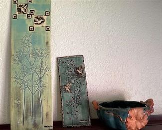 TAKAHASHI Japan Pottery Handled Dish & 2 Carol Dean Art Wall Tile/Plaques Whidbey Island