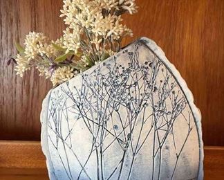 Stunning Tenmoku Pottery Mixed Blue Artful Vase With Unnatural Edges And Artificial Greenery