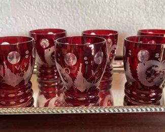 RARE FIND! Set Of 6 Ruby Red Antique Etched Glass Shot Glasses / Cordials