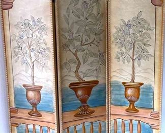 3-Panel Folding Wood Screen, Hand Painted