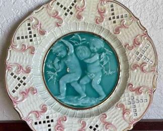 Antique Majolica Plate Children with Pumpkin c.1800's