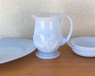 Lot Of Vintage Light Blue Dishes * Oven Fire King Glass, Pyrex * 6” Glass Blown Pitcher