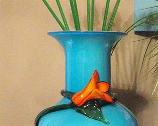 Vintage Hand-Blown Blue Glass Cased Vase with Applied Orange Flower Wrapped Vine with  Hand-Blown Flowers inside