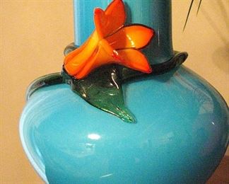 Vintage Hand-Blown Blue Glass Cased Vase with Applied Orange Flower Wrapped Vine with  Hand-Blown Flowers inside