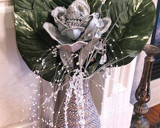 Gorgeous Large Silver Crystal Vase with Silk Flowers