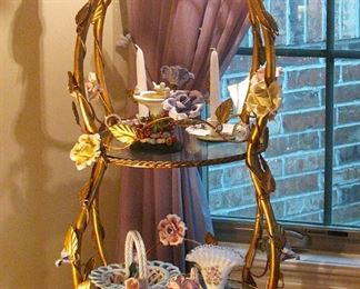Italian Florentine Tole Gold Gilt Étagère With Porcelain Roses 4 tier Lighted Shelf