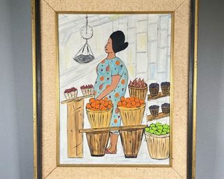 ATTRIB. VINCENT FULGENZI (20TH CENTURY) |  marketplace scene oil on board 11.5 x 15.5 in. (sight)
showing a lady in colorful garb among bushels of fruit
no apparent signature. 
