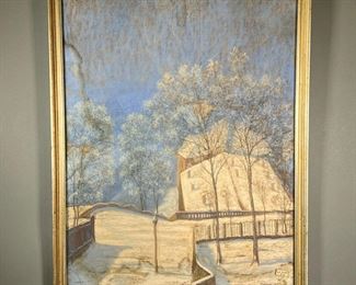 SZALAY (20TH CENTURY) | winter scene pastel on pastel board depicting a snow-covered winter scene with clear blue skies. Signed “Szalay 1928”. 