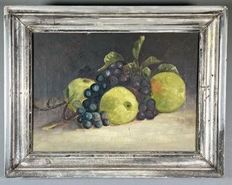 SUE ALICE MORGAN CHICKERING (19TH CENTURY) | still life with grapes & apples oil on canvas w. 14 x h. 10 in. (stretcher) no apparent signature, the stretcher inscribed "Painted by Sue Alice Morgan Chickering 1880" in a period gilt silver frame. 