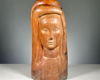 LINTON (20TH CENTURY) | female figure with arms overhead carved wood a modernist sculpture depicting female figure with her arms crossed over her head signed on the base "LINTON". 
