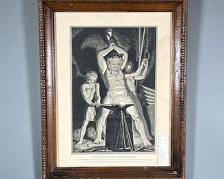 ROCKWELL KENT PRINT | VULCAN, GOD OF FIRE AND METAL WORK C1940 in a carved wood frame.