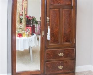 Mahogany Wardrobe w/beveled mirror, glass shelving, 3 drawers & Locks w/key (6'1'h  x 4'w x 17"d):  $900.00