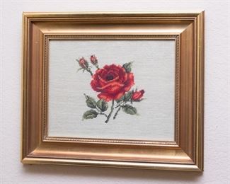 Elegant cross-stitch rose in gilt frame (19"w x 16 h"):  $60.00