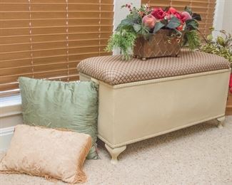 Vtg. custom upholstered rattan hope chest/bench (20"h x 38.5"w x 18"d):  $90.00