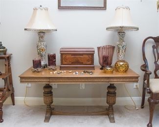 1920's Oak Console Table w/ornate carving, stretcher and drawer (26"h x 54"w x 22"d):  $380.00  All items on table priced from:  $4.00 - $180.00