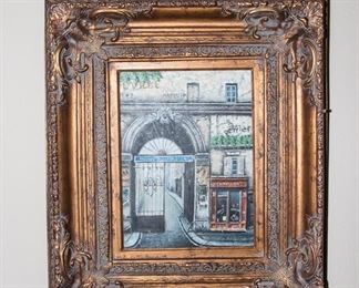 French Street scene oil painting in gilt frame (28"l x 24.5'w):  $180.00