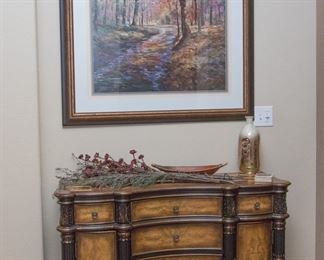 Autumn Trees On River Print/framed (48"h x 45"w):  $86.00.  Pulaski Furniture Co.,  Butler Credenza (all lined) [36"h x 50"w x 18"d):  $900.00