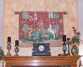Lady and the Unicorn Tapestry w/finial rod:  $220.00.  TAPESTRY SOLD!                                                                          From left to rt. on mantel:  Candle sticks (2):  $48.00, Sessions Clock Co. Mantel clock:  $390.00 , $12.00, $16.00 & 28.00