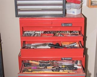 Husky Tool Box on rollers.  7 drawer and storage @ bottom (45"h x 27" w x 17"d):  $300.00 