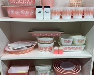 Pink Pyrex The stems & snowflake are the same ones as on page 1. Three full bookshelves of Pink Dishes, Strips, Gooseberry, Solid mixers, Glassbake Diamond mugs, Austrian Pink flower divided dish!