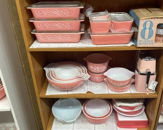 Pyrex pink Scrolls, Gooseberry Cinderella sets, Anchor hocking drinking glasses in original box Pink refrigerator dishes, Casserole dishes, Butter print orange Cinderella dishes. Pyrex daisy space savers casseroles