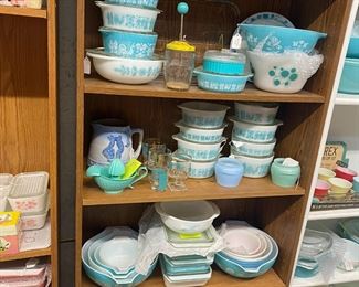 Pyrex Aqua many patterns, Diamond mixer with lid & cradle I will have a solo photo of this, Butter ptint mixers, casseroles, space savesavers of snowflakes some with the SILVER lids, Butter print Cinderella Bowls, Vintage kitchen items, Pyrex needlepoint aqua