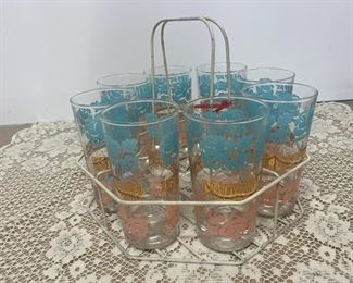1950's 1960's? Beautiful Aqua, Pink and gold Libby Tumblers with Octagon holder, Glasses are in Excellent condition