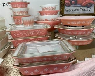 JAJ Pyrex from Great Britian Pink snowflake set, Selling by the each dish Hard to find! Great condition