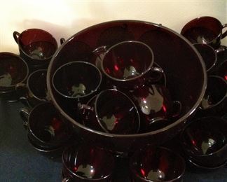 Vintage Royal Ruby/Cranberry Anchor Hocking Punch Bowl and Glasses