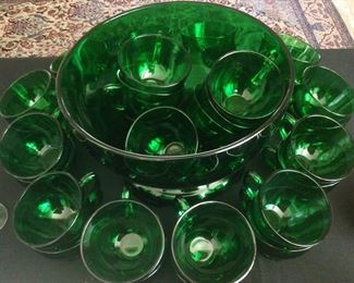 Vintage Anchor Hocking Forest Green Punch Bowl and Glasses 