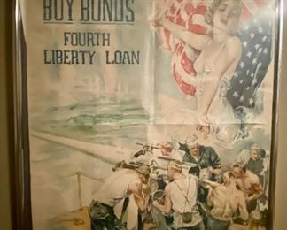   Howard Chandler Christy World War 1 Poster "Clear the Way !! Buy Bonds- Fourth Liberty Loan " by Forbes showing a woman with flag behind her, over gunners some creases  20" x 30"  framed $245
