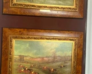4    After James Pollard  1792 - 1867    "The High Bank" Hunting  Scenes  Canvas ,  Fine Burled Birds Eye  Maple Frames  22 x 18    $125 Each 
