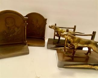 SOLD  Bradley & Hubbard Bronze Bookends  Roosevelt    SOLD   Pointer Bookends   partial rifle on one 